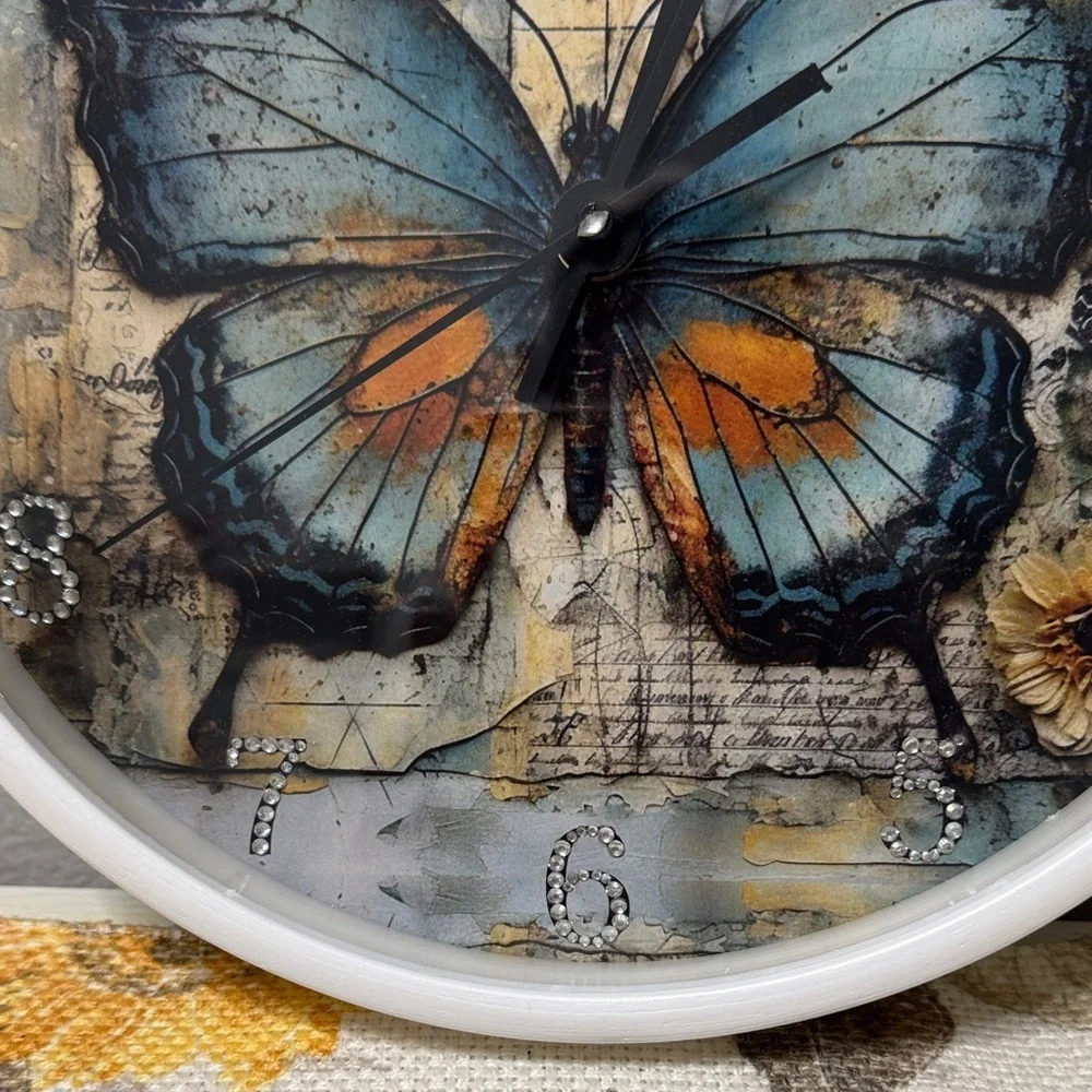🦋 Bedazzled Butterfly Wall Clock – Blue & Orange